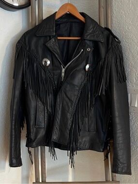 Black Fringe Leather Biker Jacket - Women